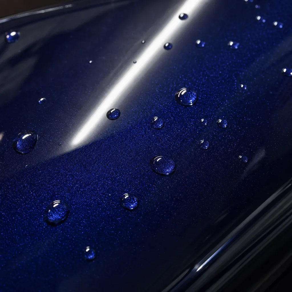 Close-up of Metallic Royal Blue gloss colored PPF surface texture | Veloro