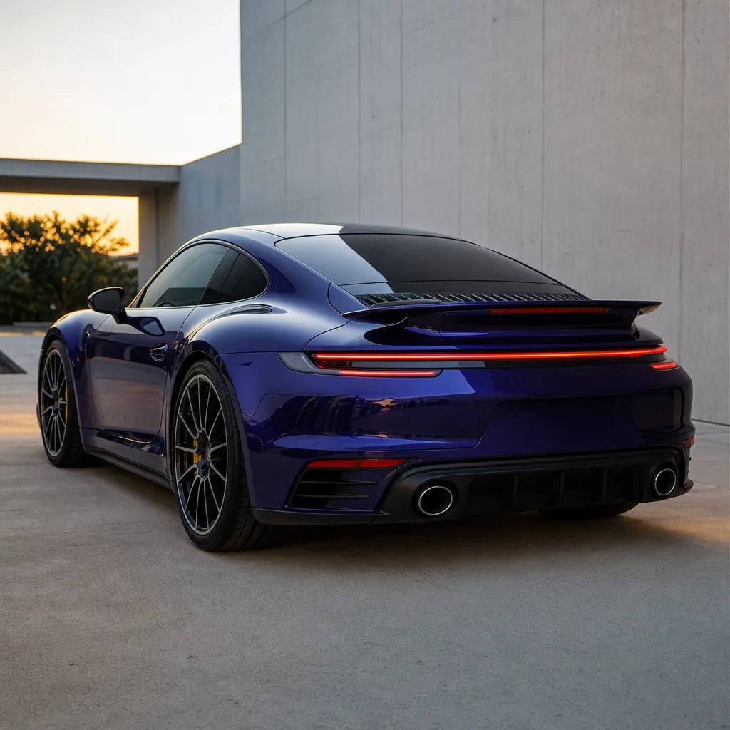 Luxury car wrapped in Metallic Royal Blue gloss colored PPF at golden hour | Veloro