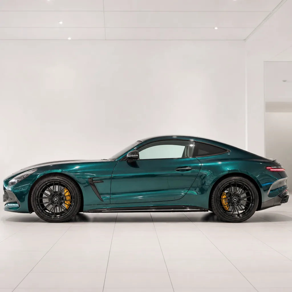 Metallic Sand Green gloss colored PPF wrapped on a Mercedes-AMG GT side profile | Veloro