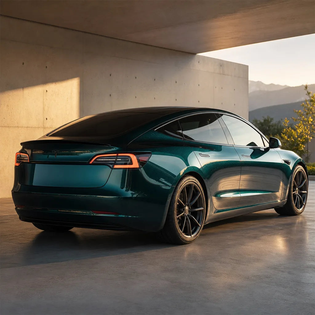 Luxury car wrapped in Metallic Sand Green gloss colored PPF at golden hour | Veloro