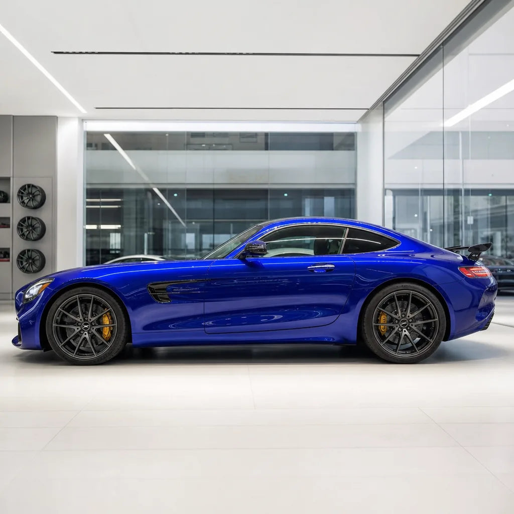 Metallic Sapphire Blue gloss colored PPF wrapped on a Mercedes-AMG GT side profile | Veloro