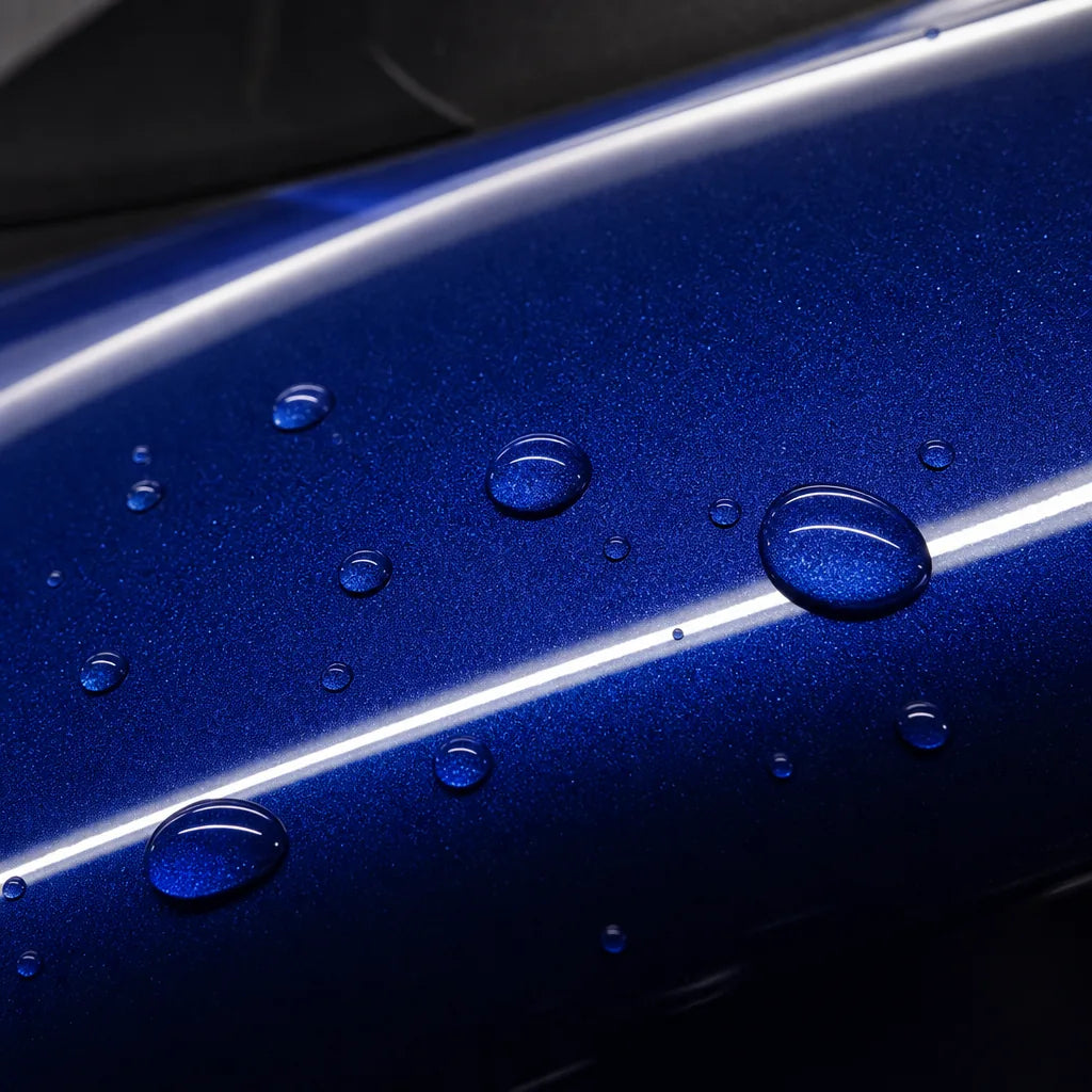 Close-up of Metallic Sapphire Blue gloss colored PPF surface texture | Veloro