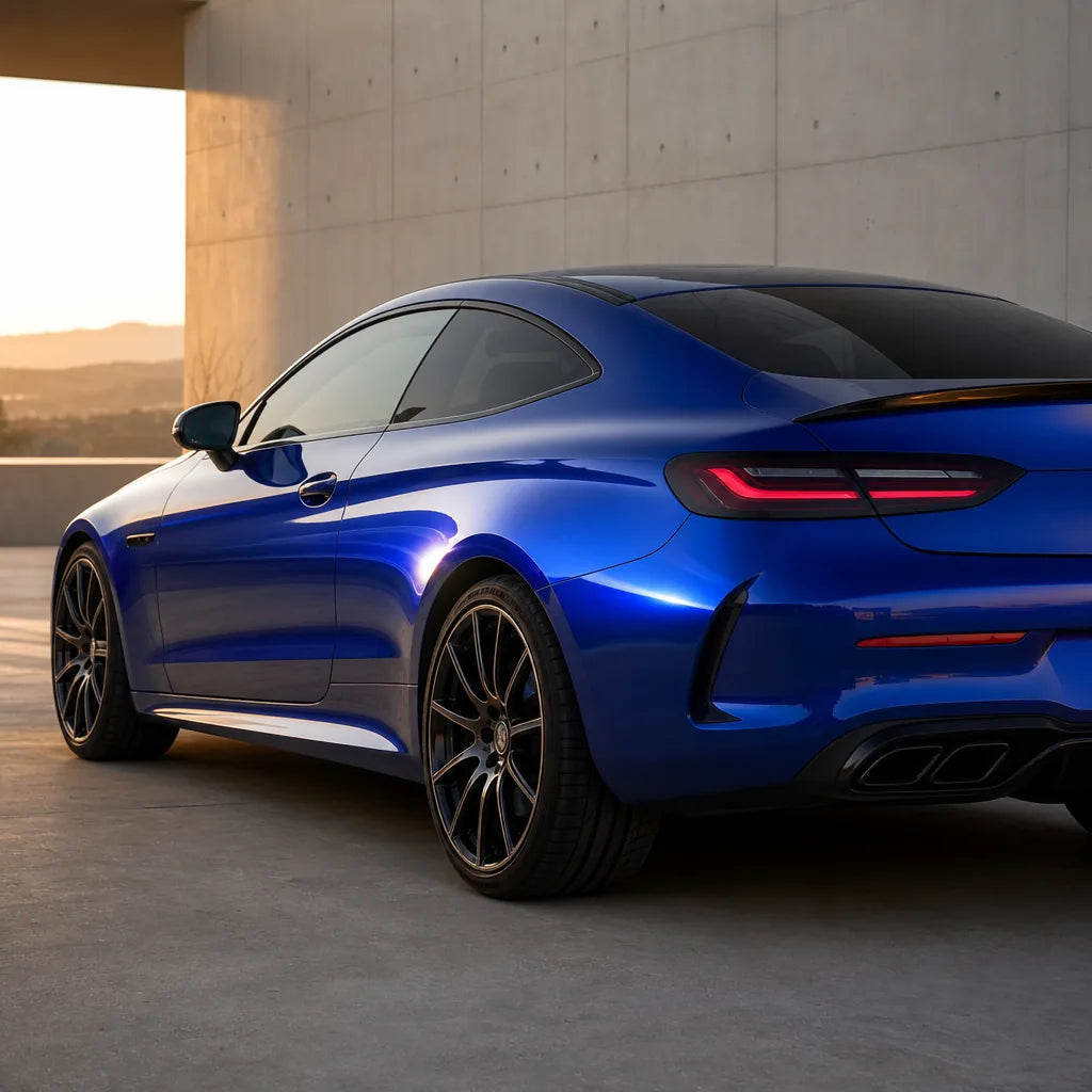 Luxury car wrapped in Metallic Sapphire Blue gloss colored PPF at golden hour | Veloro