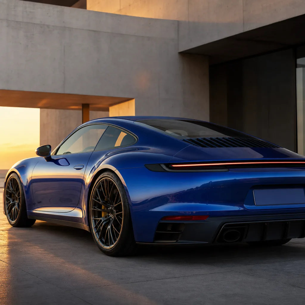 Luxury car wrapped in Metallic Sepang Blue gloss colored PPF at golden hour | Veloro