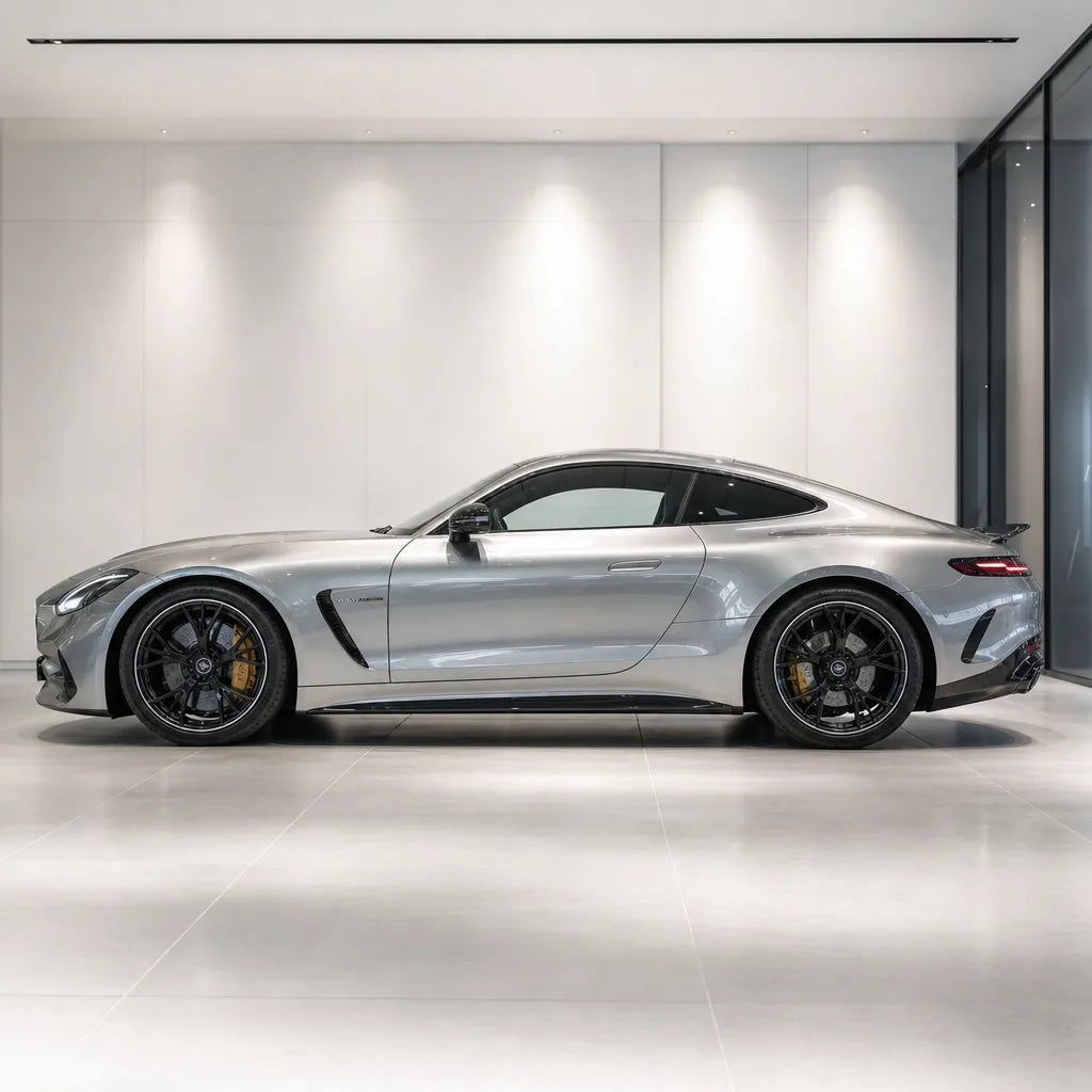 Metallic Silver gloss colored PPF wrapped on a Mercedes-AMG GT side profile | Veloro