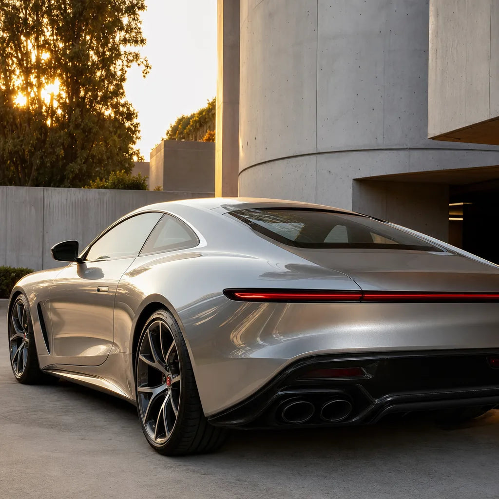 Luxury car wrapped in Metallic Silver gloss colored PPF at golden hour | Veloro