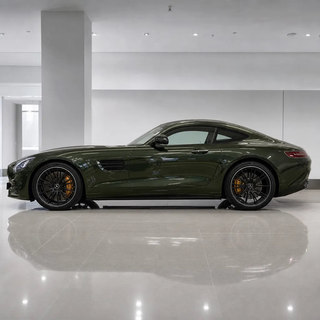 Metallic Sonoma Green gloss colored PPF wrapped on a Mercedes-AMG GT side profile | Veloro