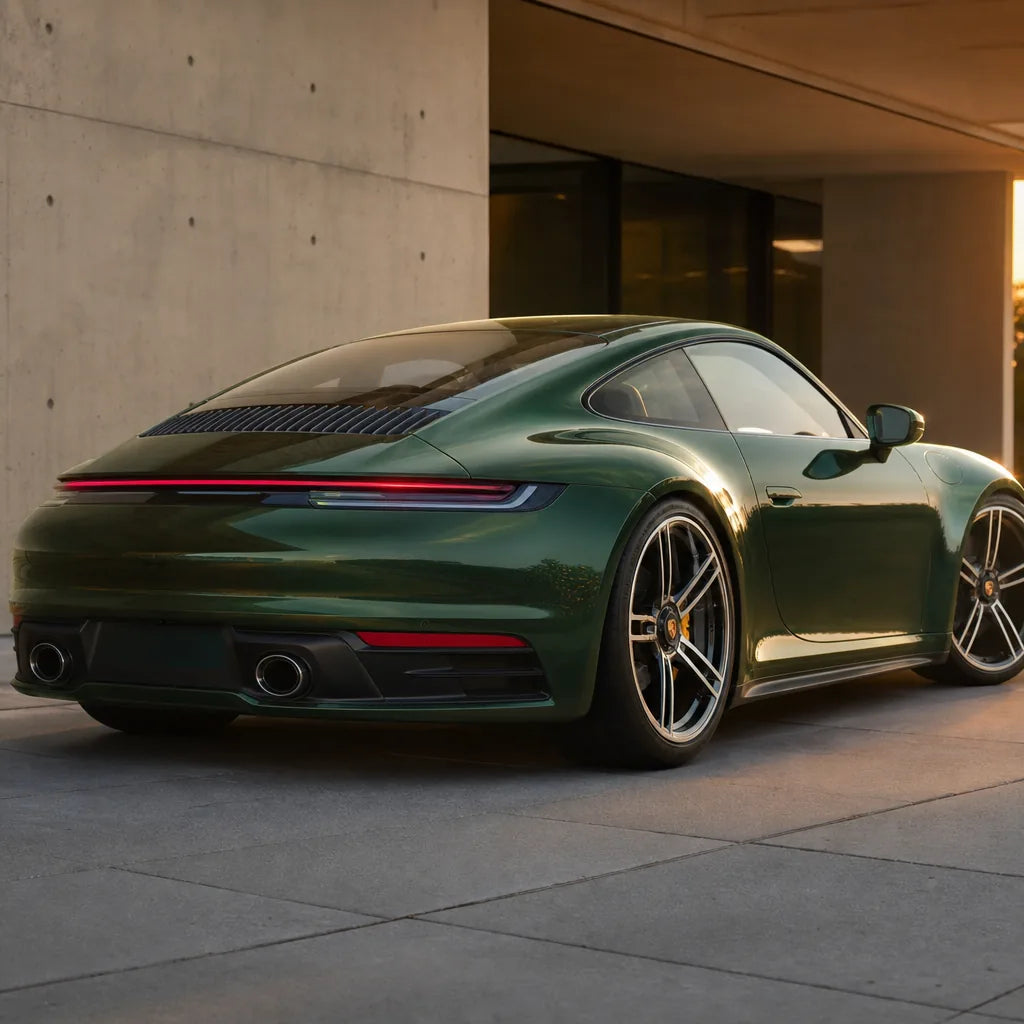 Luxury car wrapped in Metallic Sonoma Green gloss colored PPF at golden hour | Veloro
