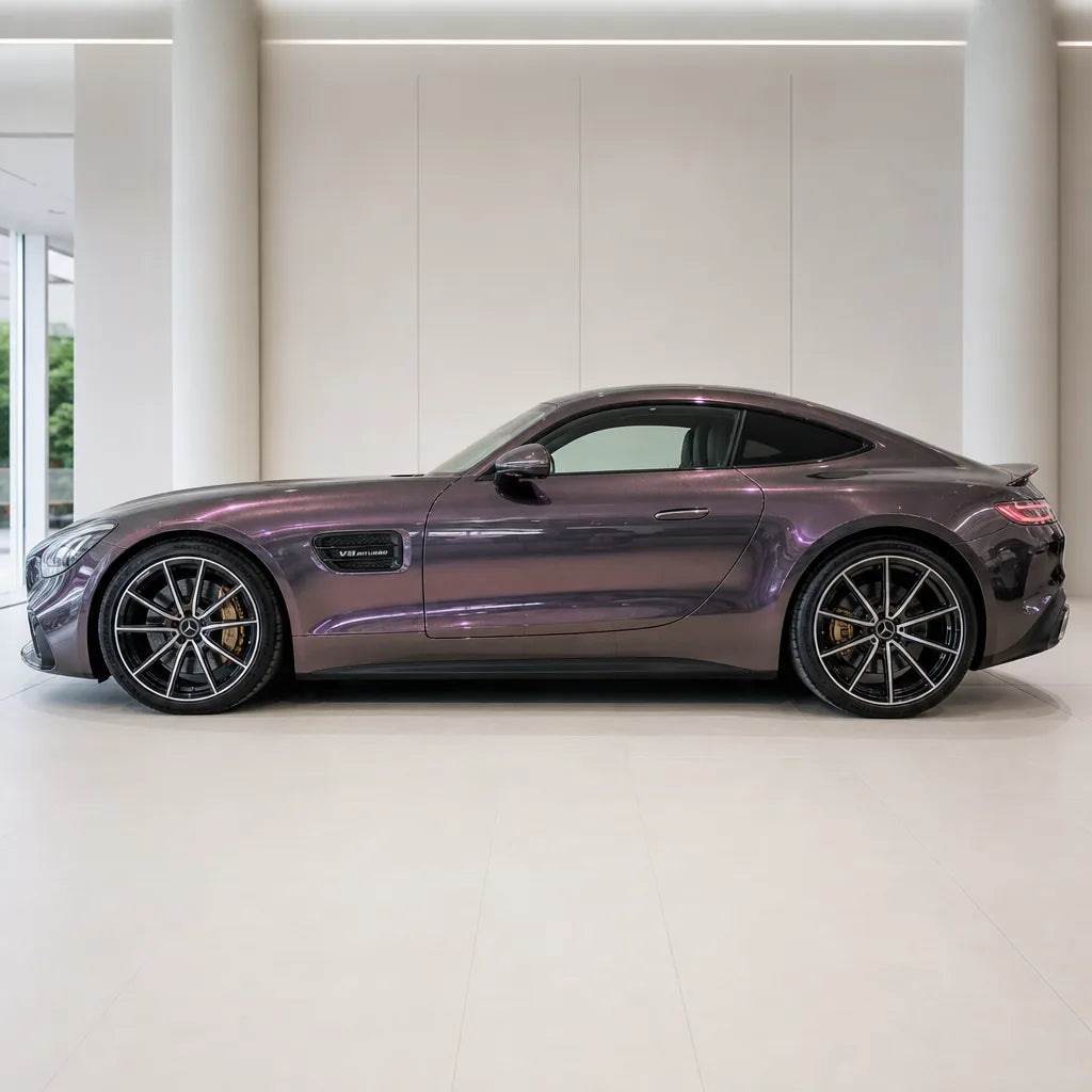 Metallic Starry Sky Grayish Phantom gloss colored PPF wrapped on a Mercedes-AMG GT side profile | Veloro