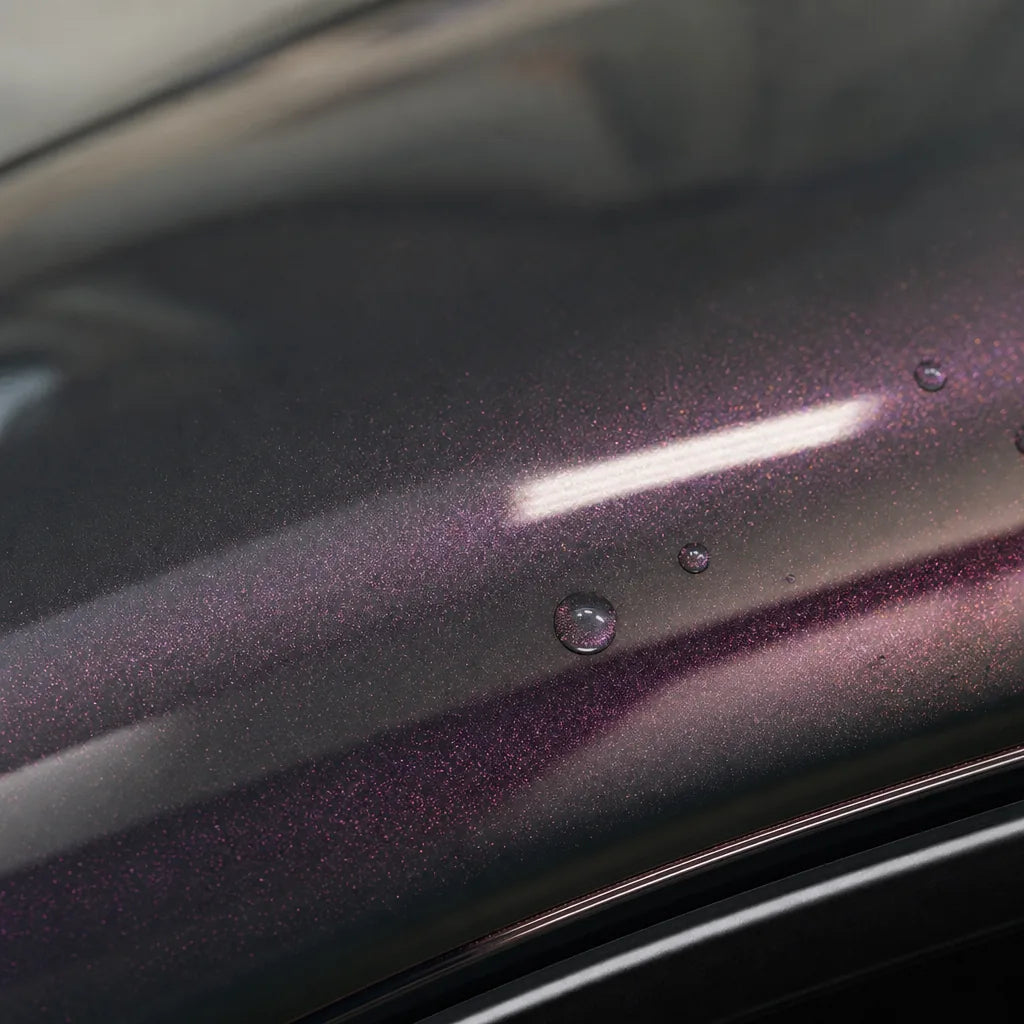 Close-up of Metallic Starry Sky Grayish Phantom gloss colored PPF surface texture | Veloro