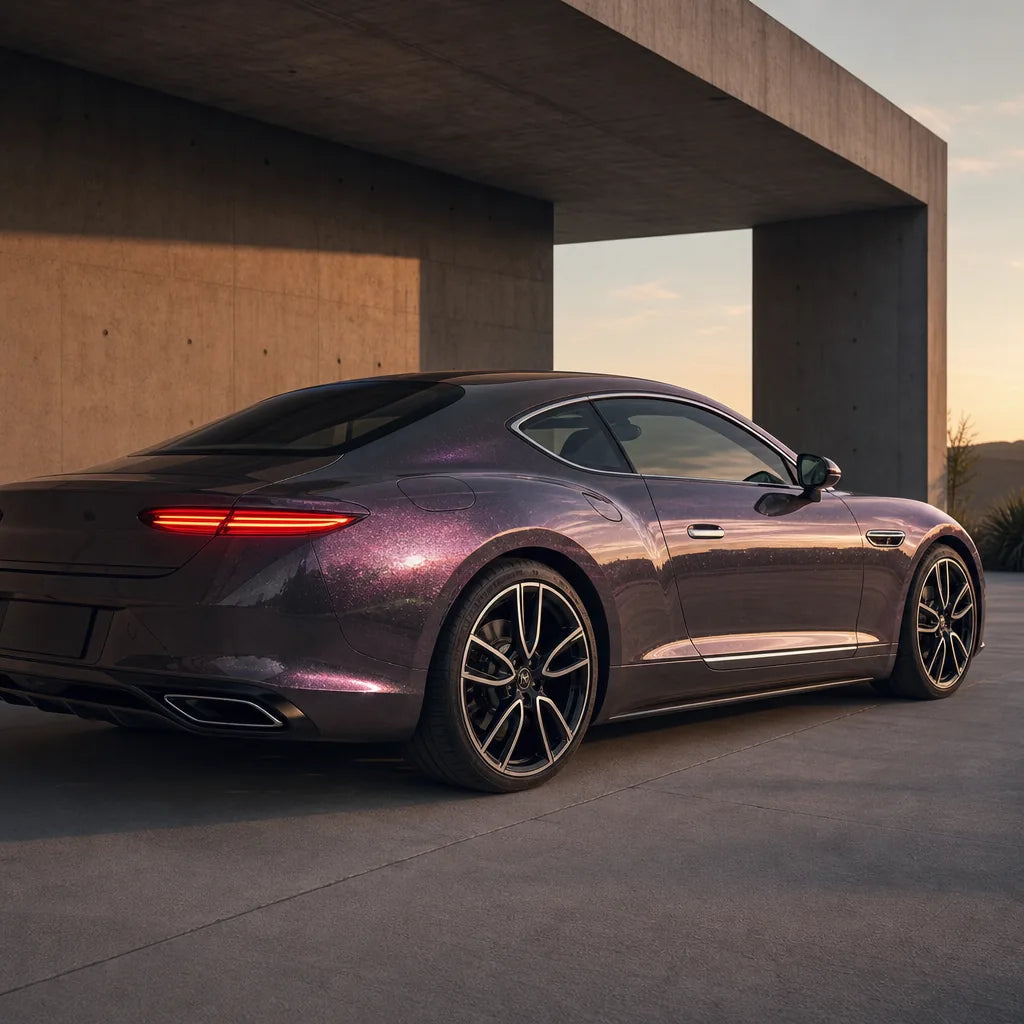 Luxury car wrapped in Metallic Starry Sky Grayish Phantom gloss colored PPF at golden hour | Veloro