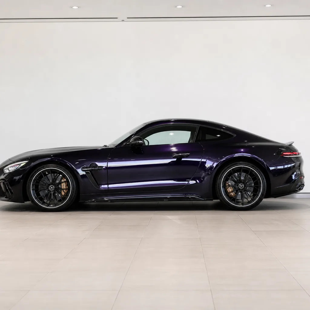 Metallic Super Purple gloss colored PPF wrapped on a Mercedes-AMG GT side profile | Veloro