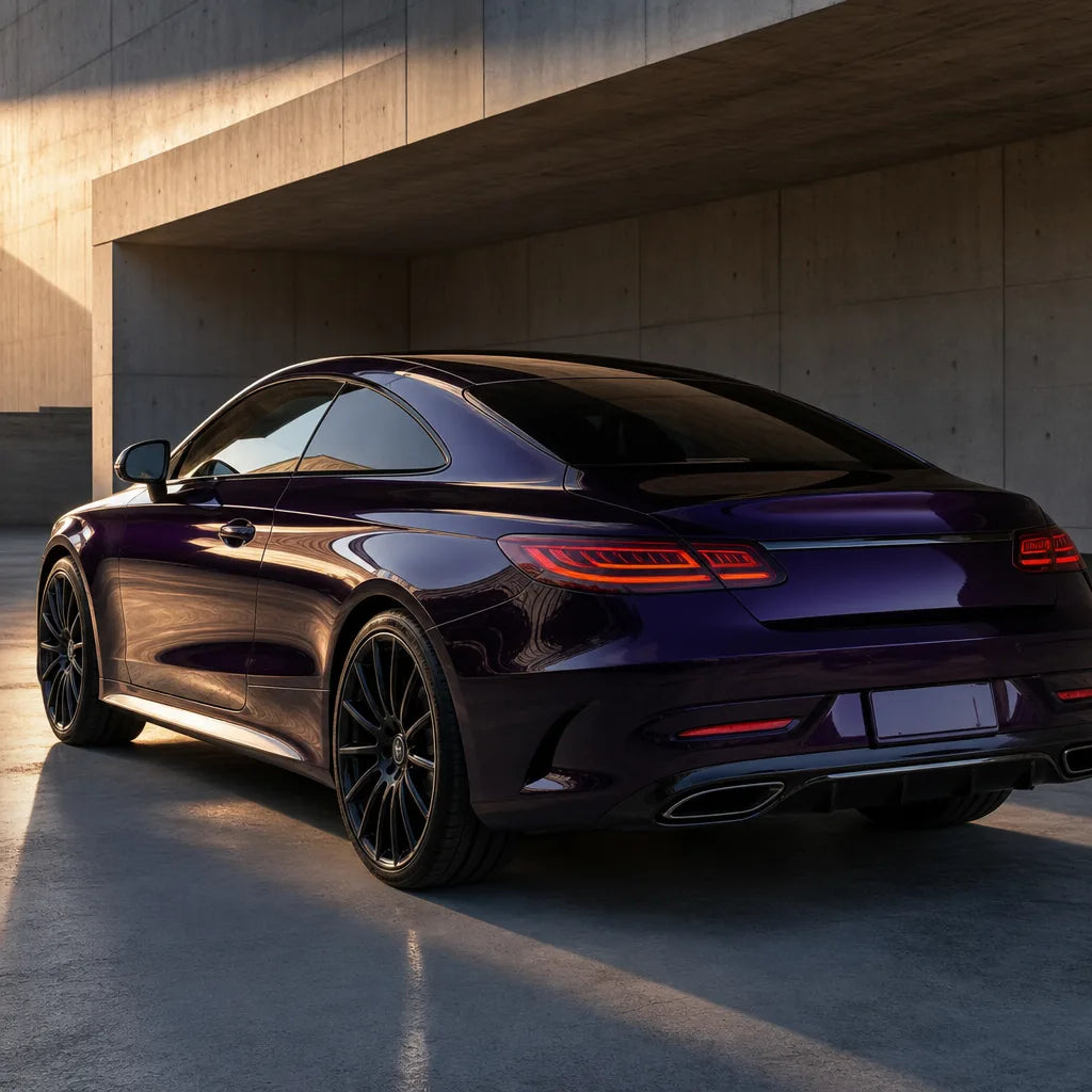 Luxury car wrapped in Metallic Super Purple gloss colored PPF at golden hour | Veloro