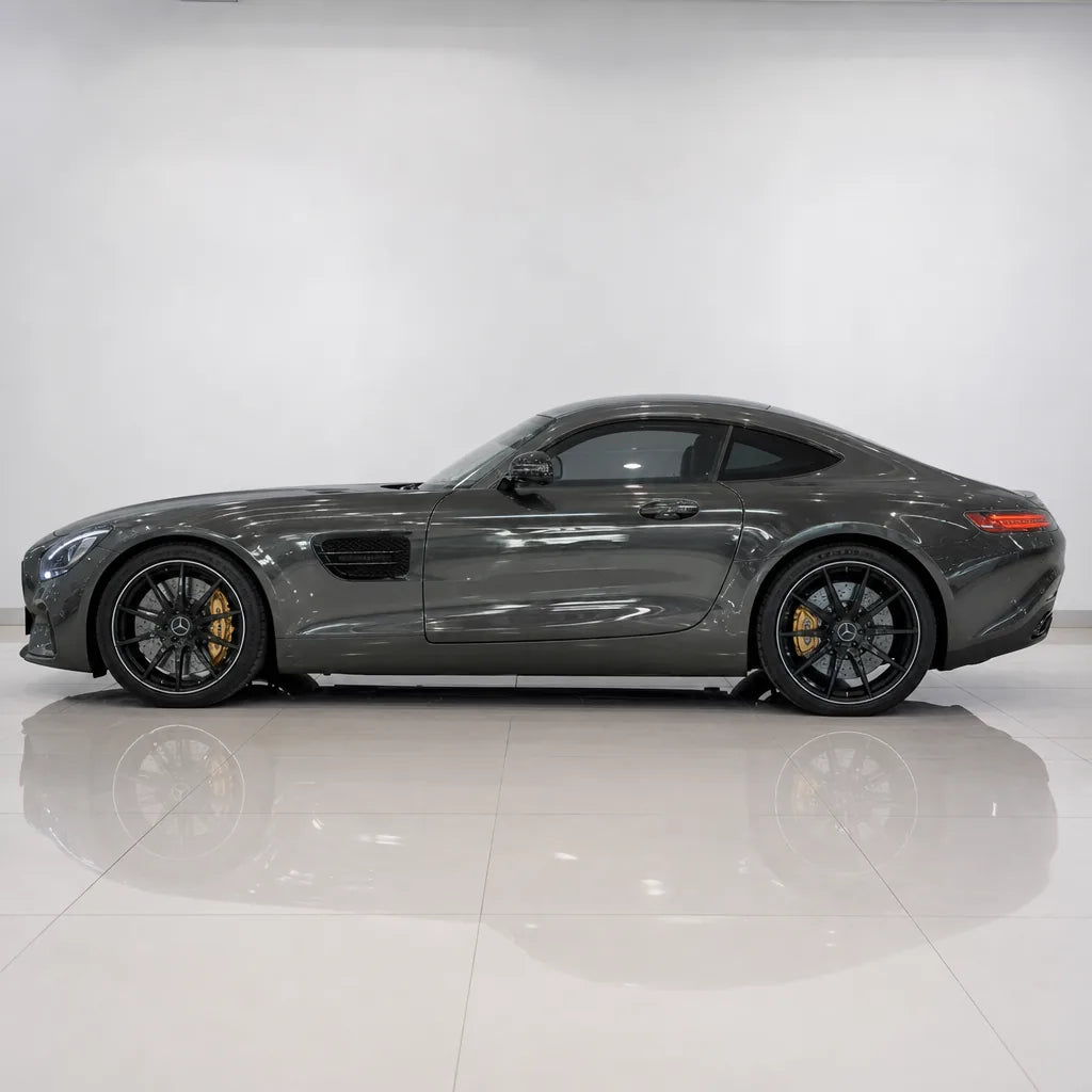 Metallic Tourmaline Grey gloss colored PPF wrapped on a Mercedes-AMG GT side profile | Veloro