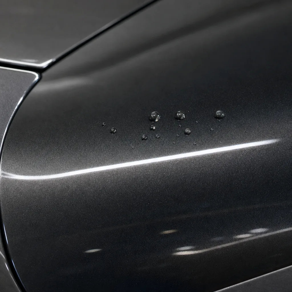 Close-up of Metallic Tourmaline Grey gloss colored PPF surface texture | Veloro