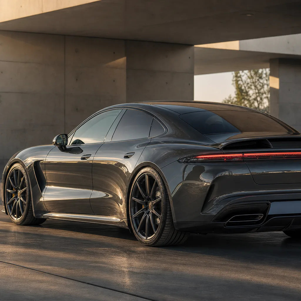 Luxury car wrapped in Metallic Tourmaline Grey gloss colored PPF at golden hour | Veloro