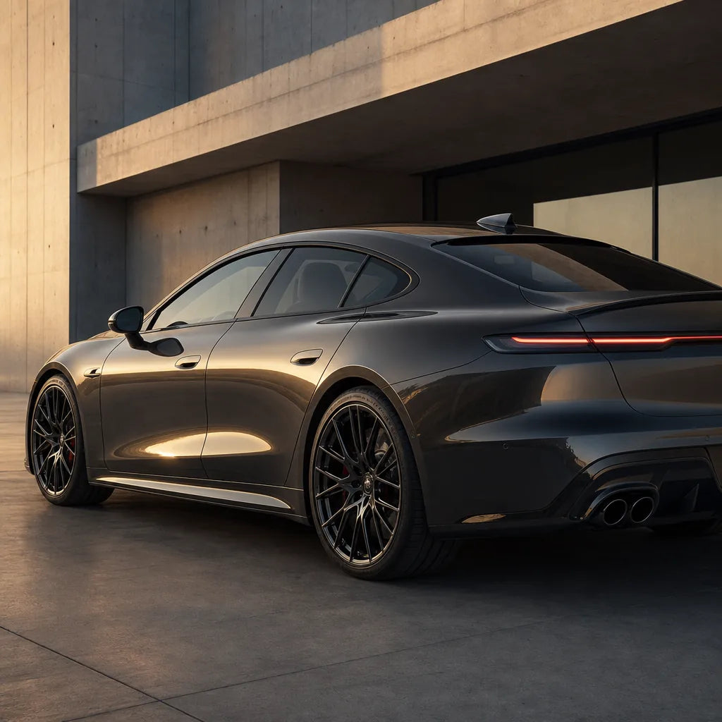 Luxury car wrapped in Metallic Tungsten Black gloss colored PPF at golden hour | Veloro