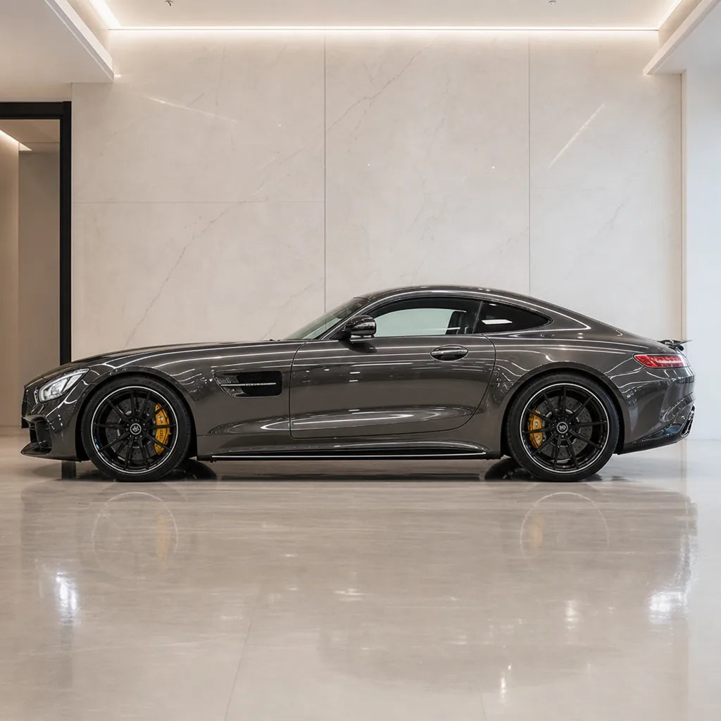 Metallic Tungsten gloss colored PPF wrapped on a Mercedes-AMG GT side profile | Veloro