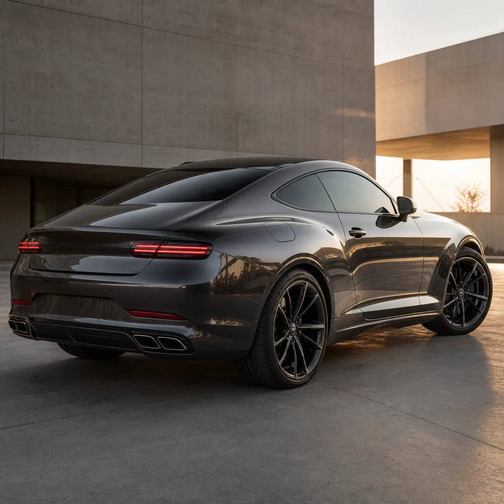 Luxury car wrapped in Metallic Tungsten gloss colored PPF at golden hour | Veloro