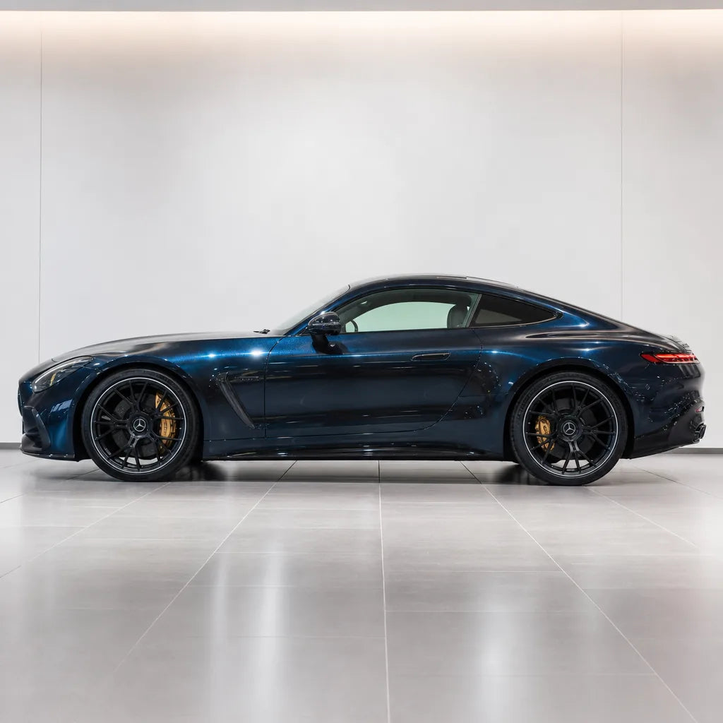 Metallic Turquoise Green gloss colored PPF wrapped on a Mercedes-AMG GT side profile | Veloro