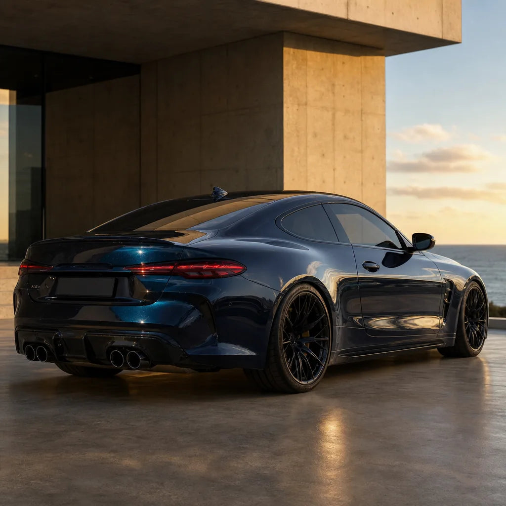 Luxury car wrapped in Metallic Turquoise Green gloss colored PPF at golden hour | Veloro