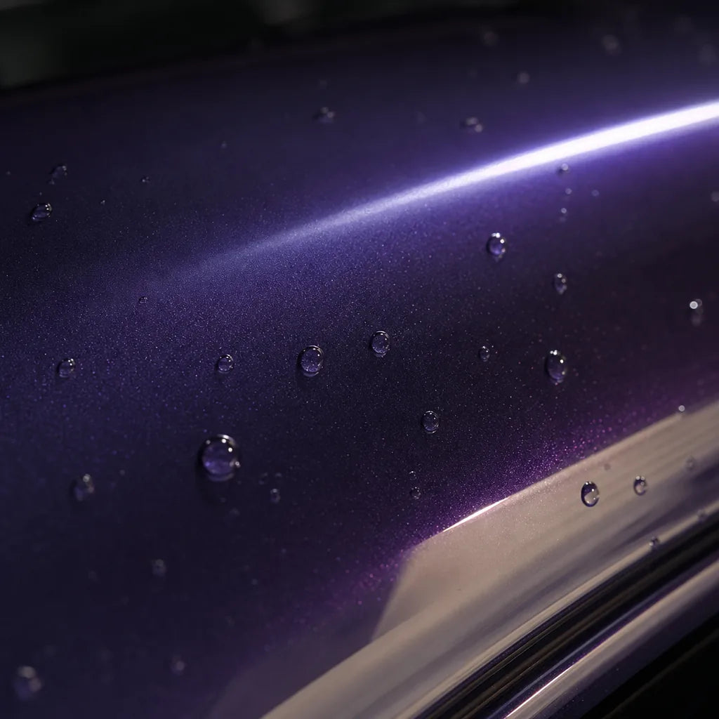 Close-up of Metallic Venice Purple gloss colored PPF surface texture | Veloro