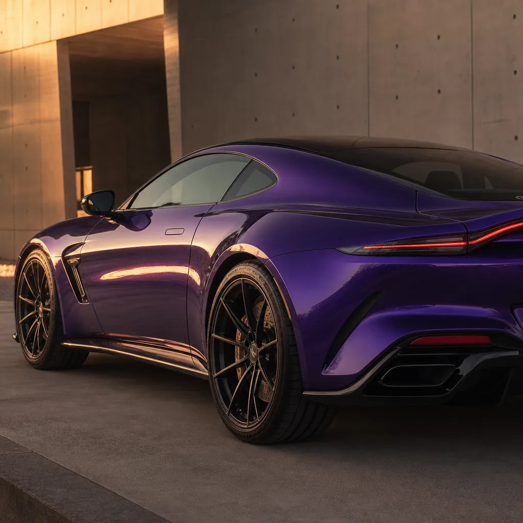 Luxury car wrapped in Metallic Venice Purple gloss colored PPF at golden hour | Veloro