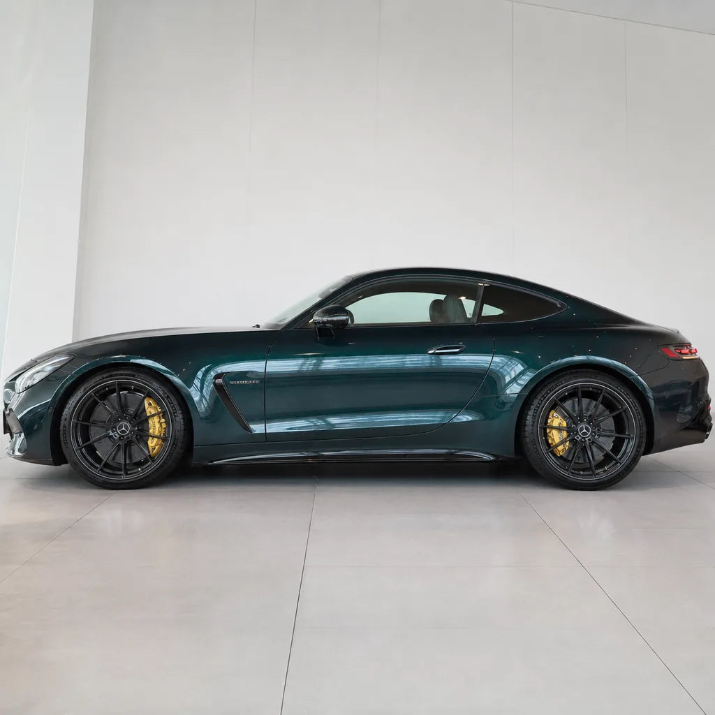 Metallic Verdant Green gloss colored PPF wrapped on a Mercedes-AMG GT side profile | Veloro