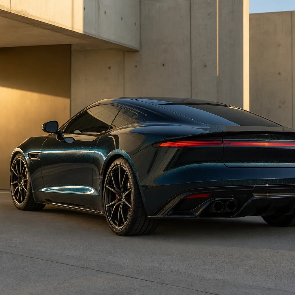 Luxury car wrapped in Metallic Verdant Green gloss colored PPF at golden hour | Veloro