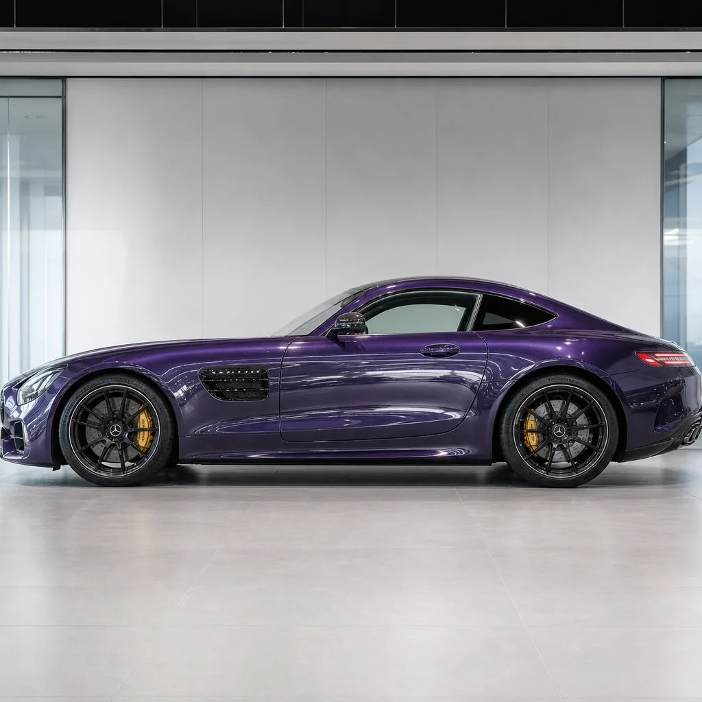 Metallic Violet Grey Purple gloss colored PPF wrapped on a Mercedes-AMG GT side profile | Veloro