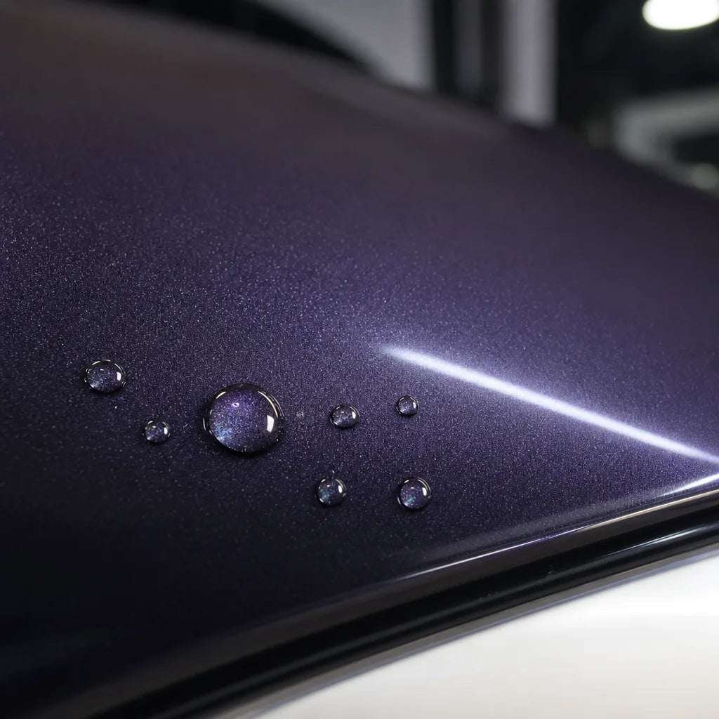 Close-up of Metallic Violet Grey Purple gloss colored PPF surface texture | Veloro