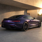 Luxury car wrapped in Metallic Violet Grey Purple gloss colored PPF at golden hour | Veloro