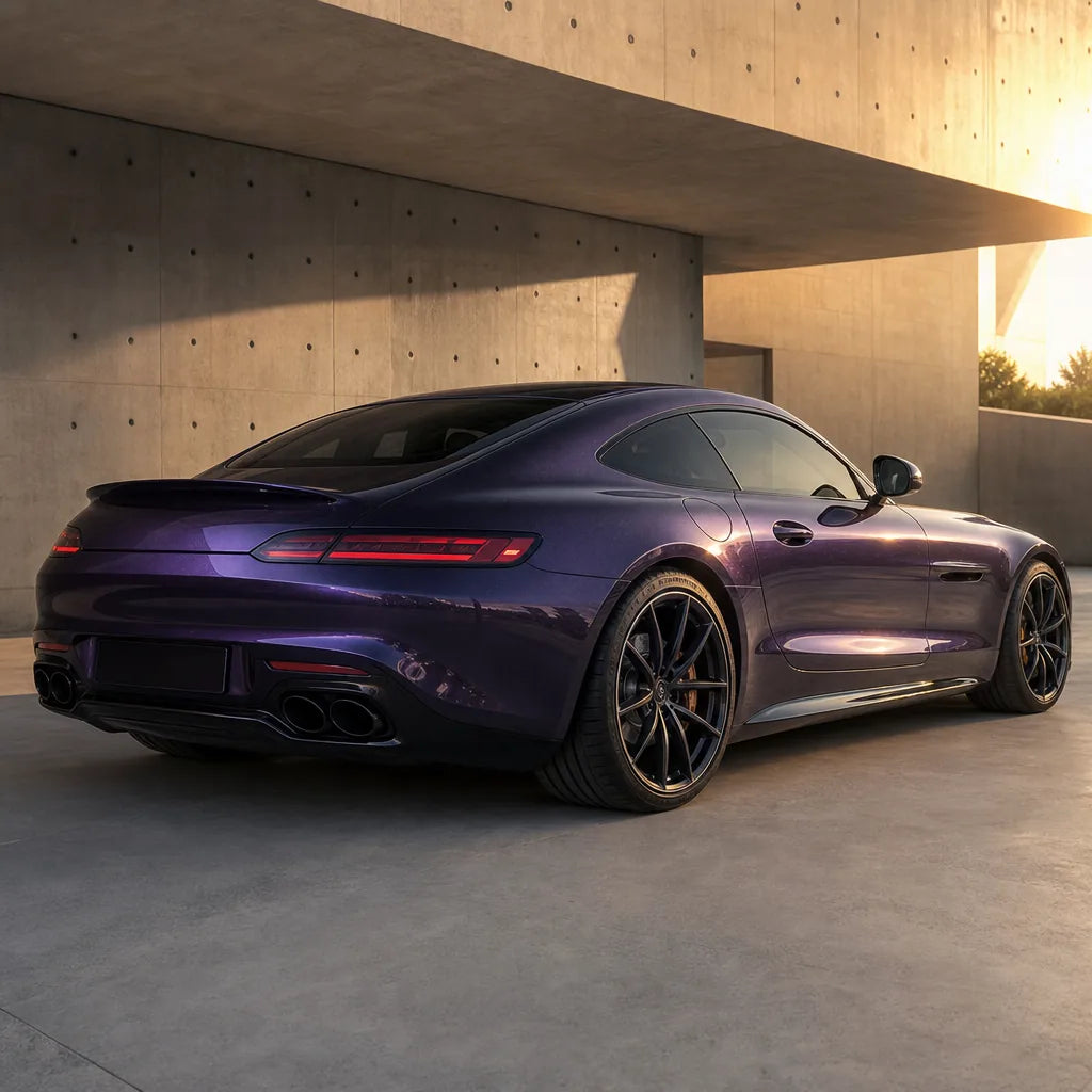 Luxury car wrapped in Metallic Violet Grey Purple gloss colored PPF at golden hour | Veloro