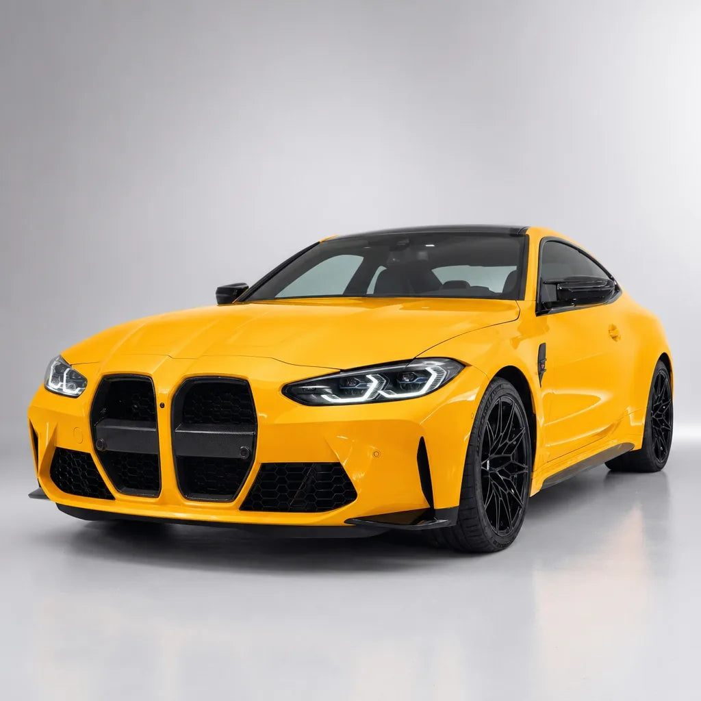 Metallic Volcanic Yellow gloss colored PPF wrapped on a BMW M4 | Veloro