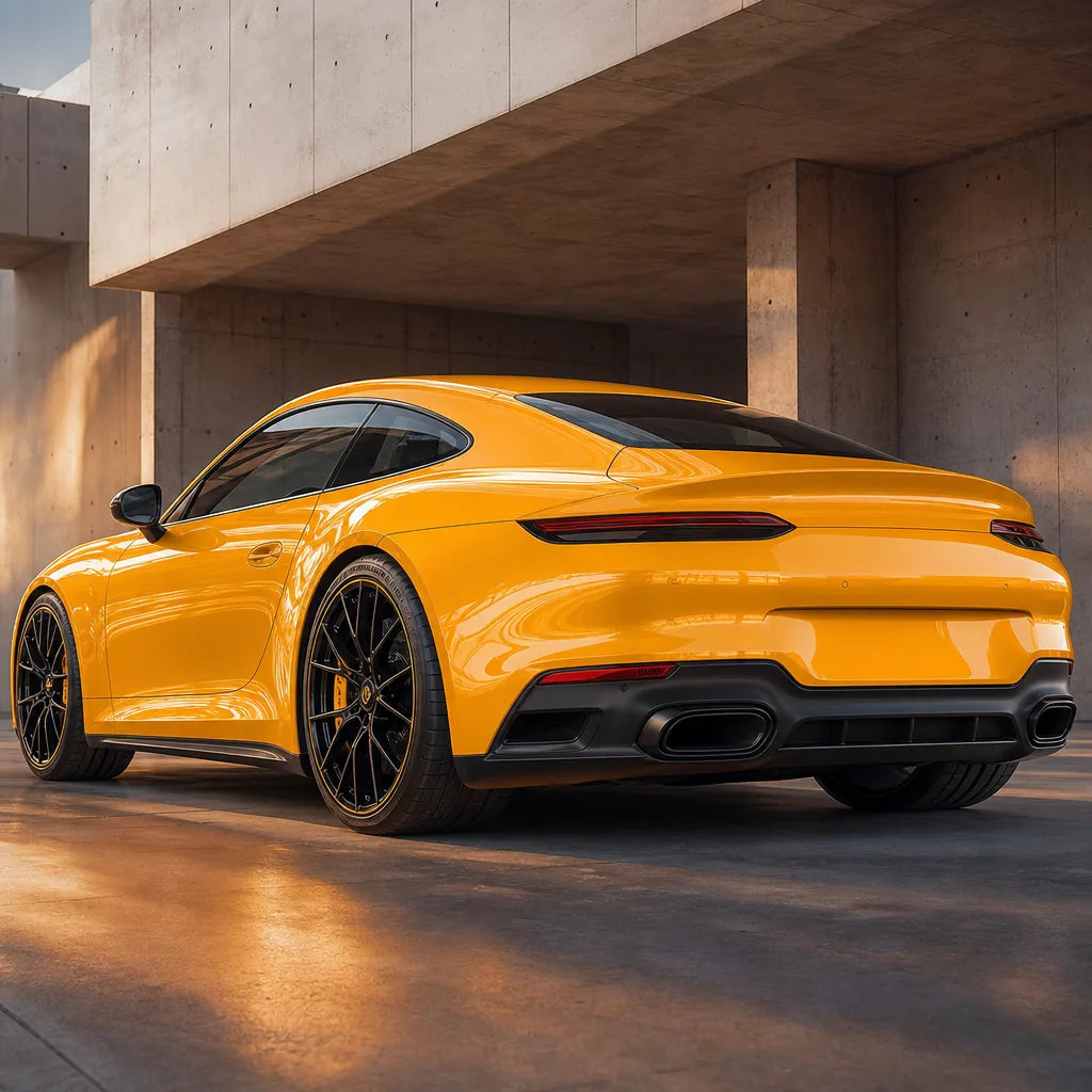 Luxury car wrapped in Metallic Volcanic Yellow gloss colored PPF at golden hour | Veloro