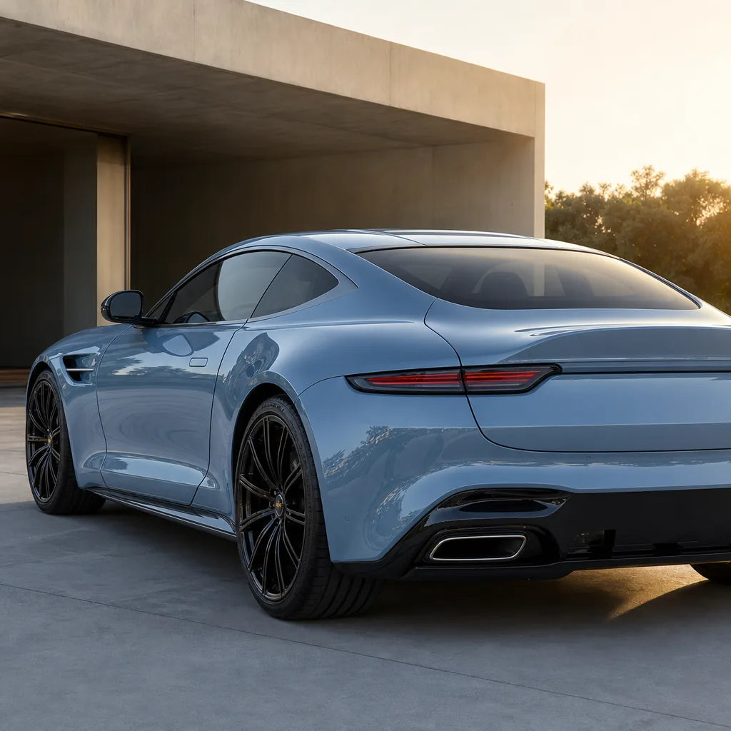 Luxury car wrapped in Meteor Blue gloss colored PPF at golden hour | Veloro