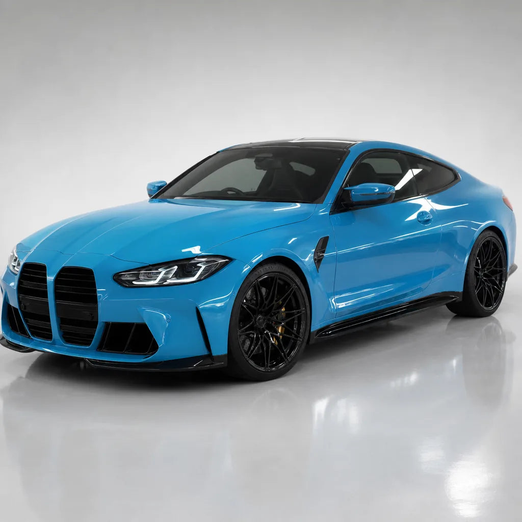 Miami Blue gloss colored PPF wrapped on a BMW M4 | Veloro