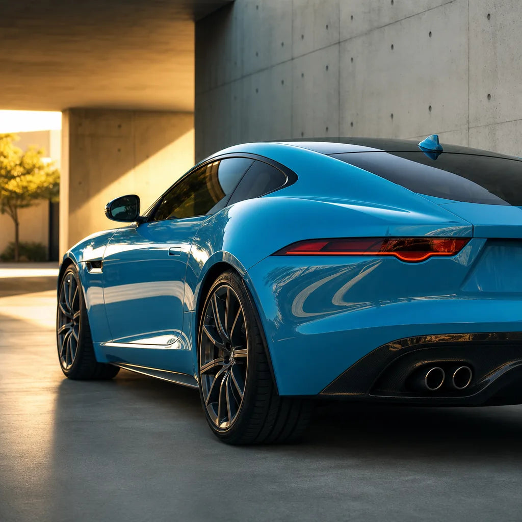 Luxury car wrapped in Miami Blue gloss colored PPF at golden hour | Veloro