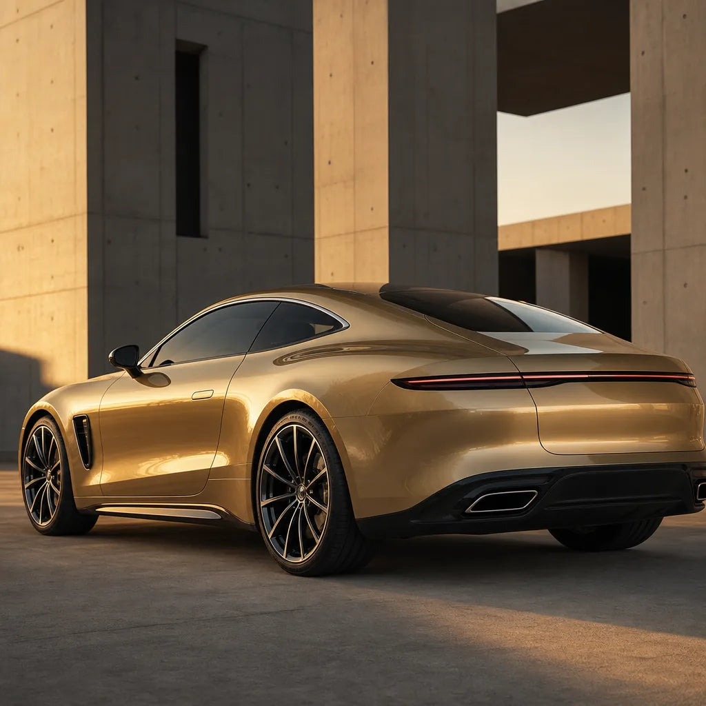 Luxury car wrapped in Milan Gold gloss colored PPF at golden hour | Veloro