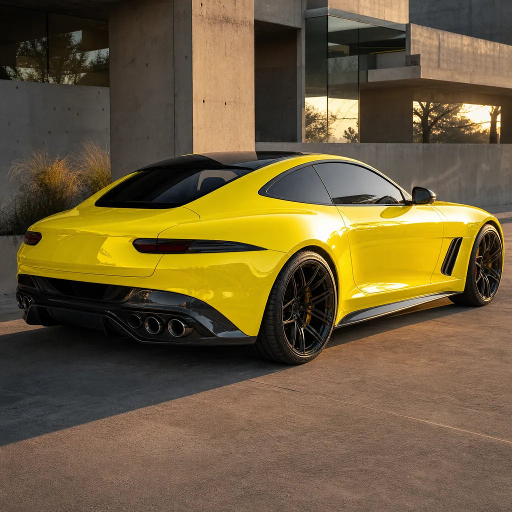 Luxury car wrapped in Modena Yellow gloss colored PPF at golden hour | Veloro