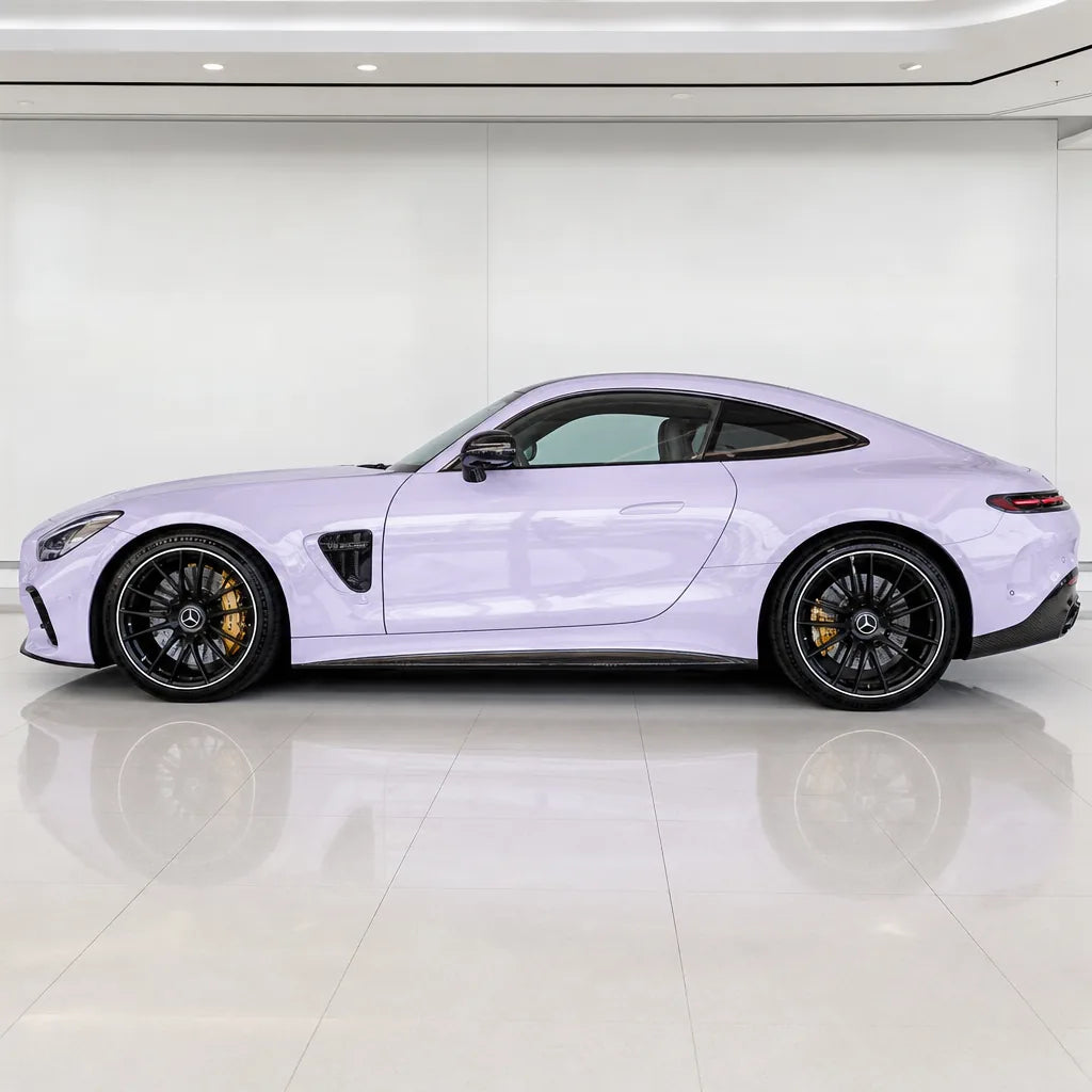 Morandi Purple gloss colored PPF wrapped on a Mercedes-AMG GT side profile | Veloro
