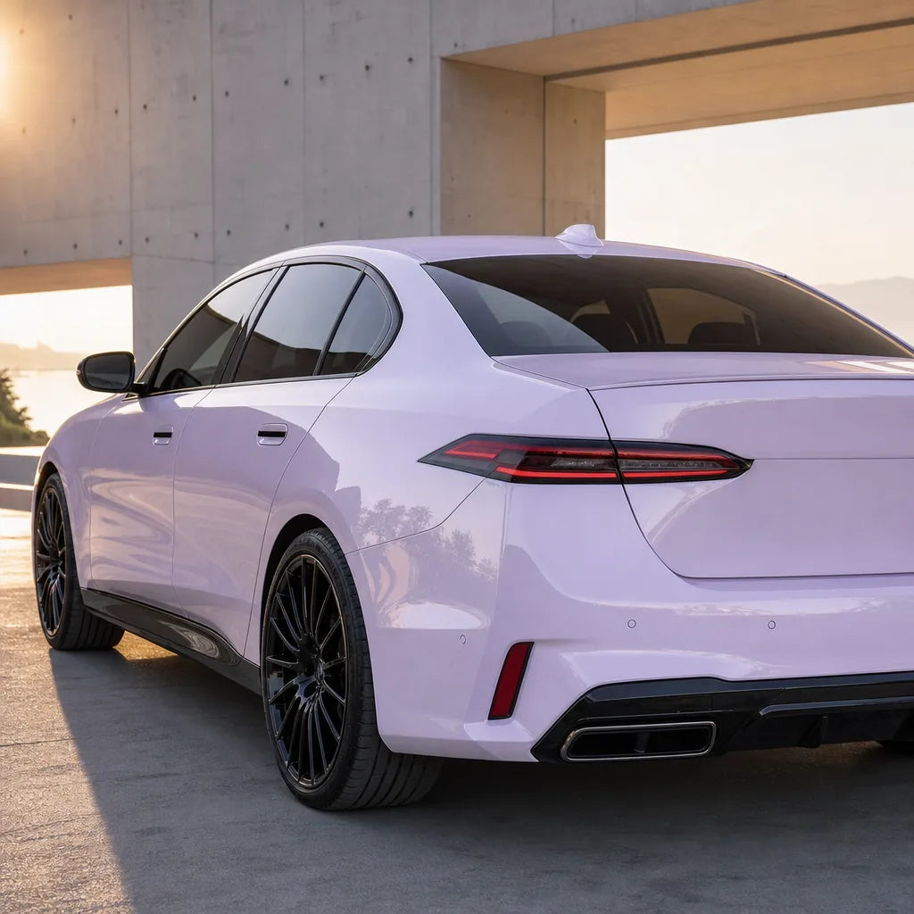 Luxury car wrapped in Morandi Purple gloss colored PPF at golden hour | Veloro