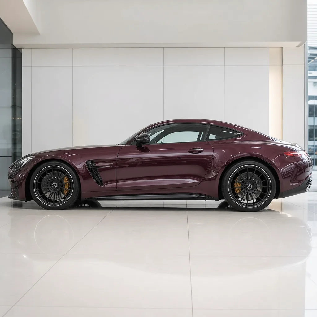 Morganite Pink gloss colored PPF wrapped on a Mercedes-AMG GT side profile | Veloro