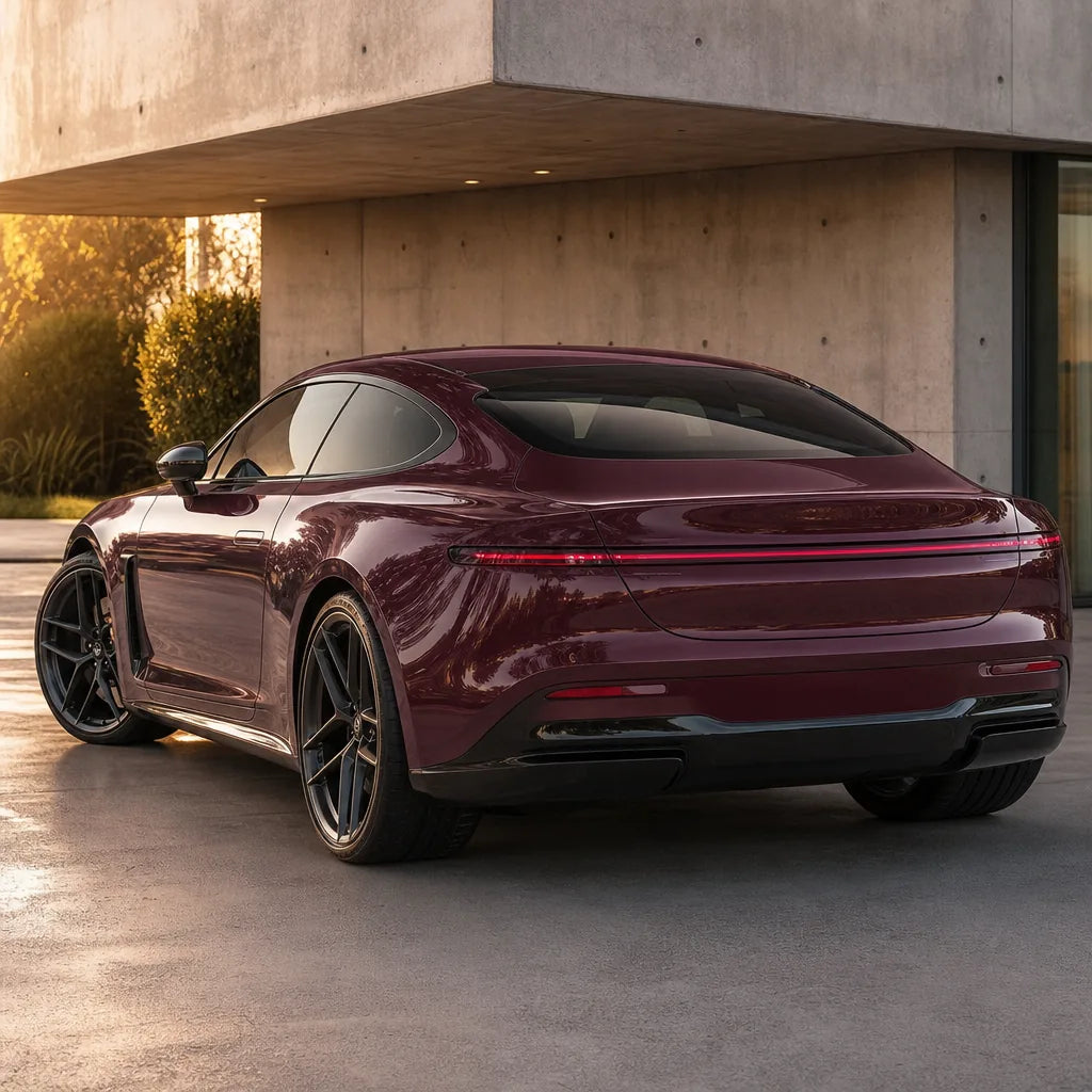Luxury car wrapped in Morganite Pink gloss colored PPF at golden hour | Veloro