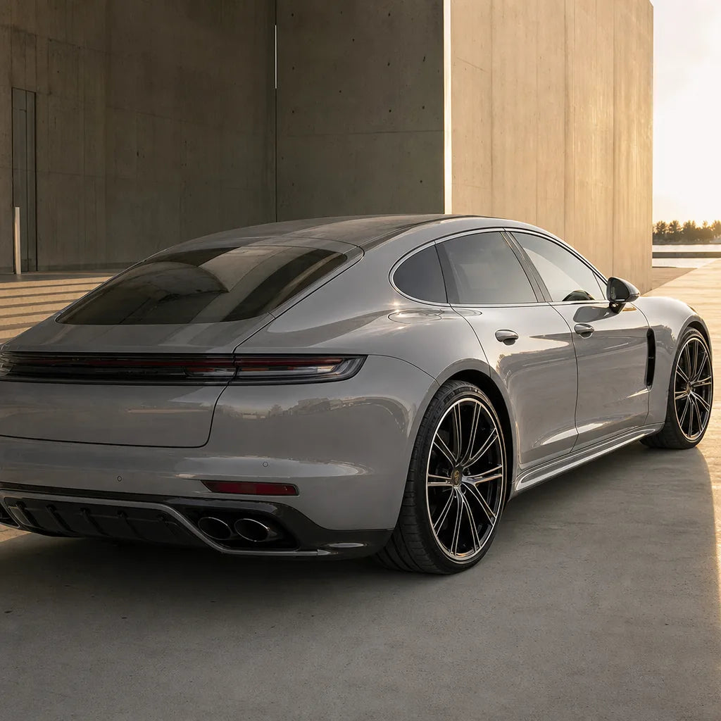 Luxury car wrapped in Mystery Grey gloss colored PPF at golden hour | Veloro