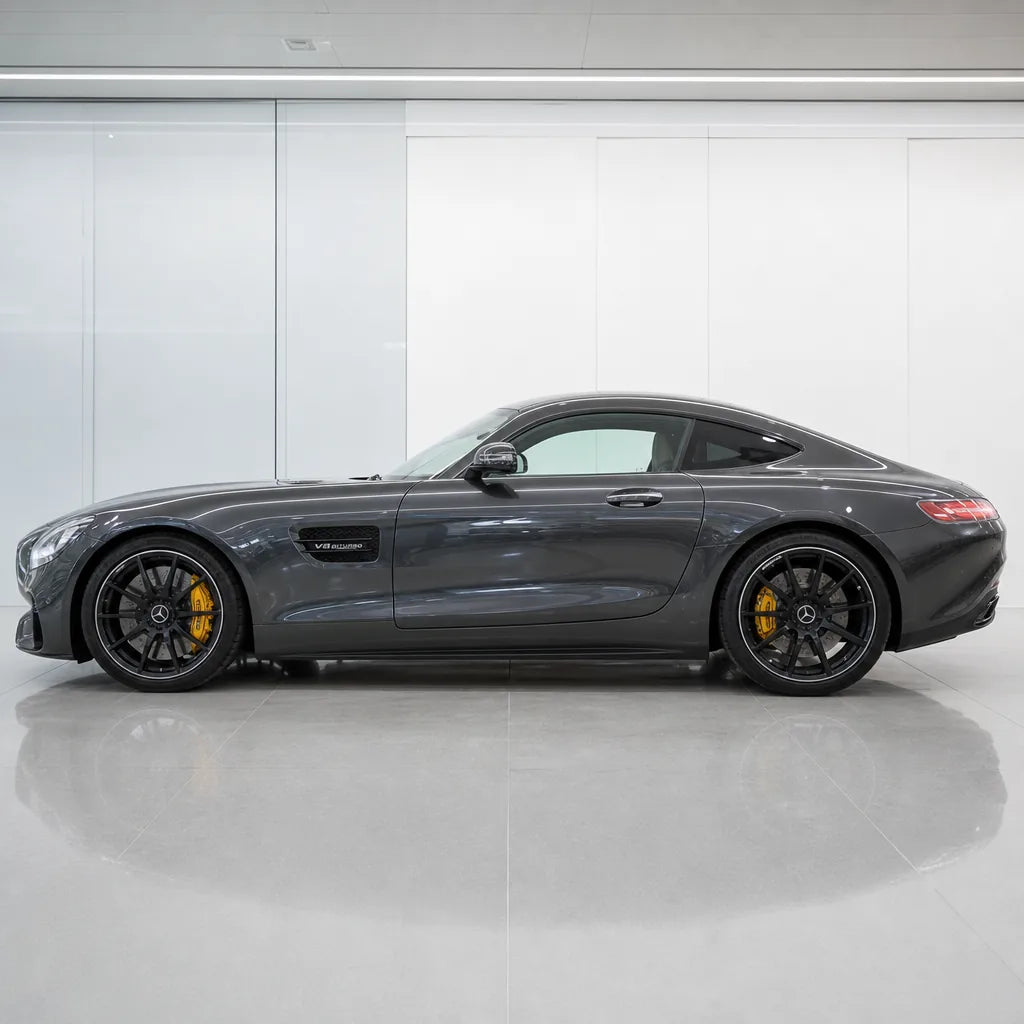 Nano Grey gloss colored PPF wrapped on a Mercedes-AMG GT side profile | Veloro