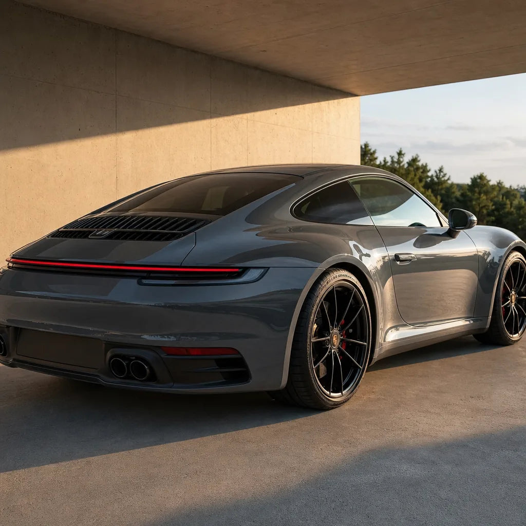Luxury car wrapped in Nano Grey gloss colored PPF at golden hour | Veloro
