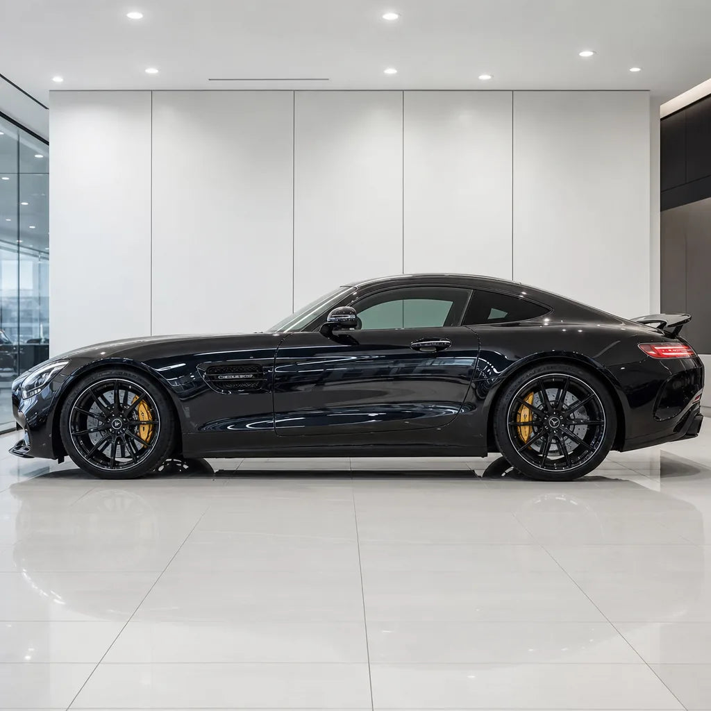Obsidian Black gloss colored PPF wrapped on a Mercedes-AMG GT side profile | Veloro