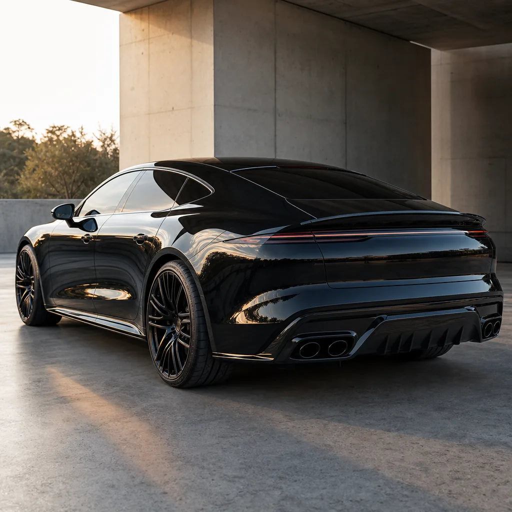 Luxury car wrapped in Obsidian Black gloss colored PPF at golden hour | Veloro