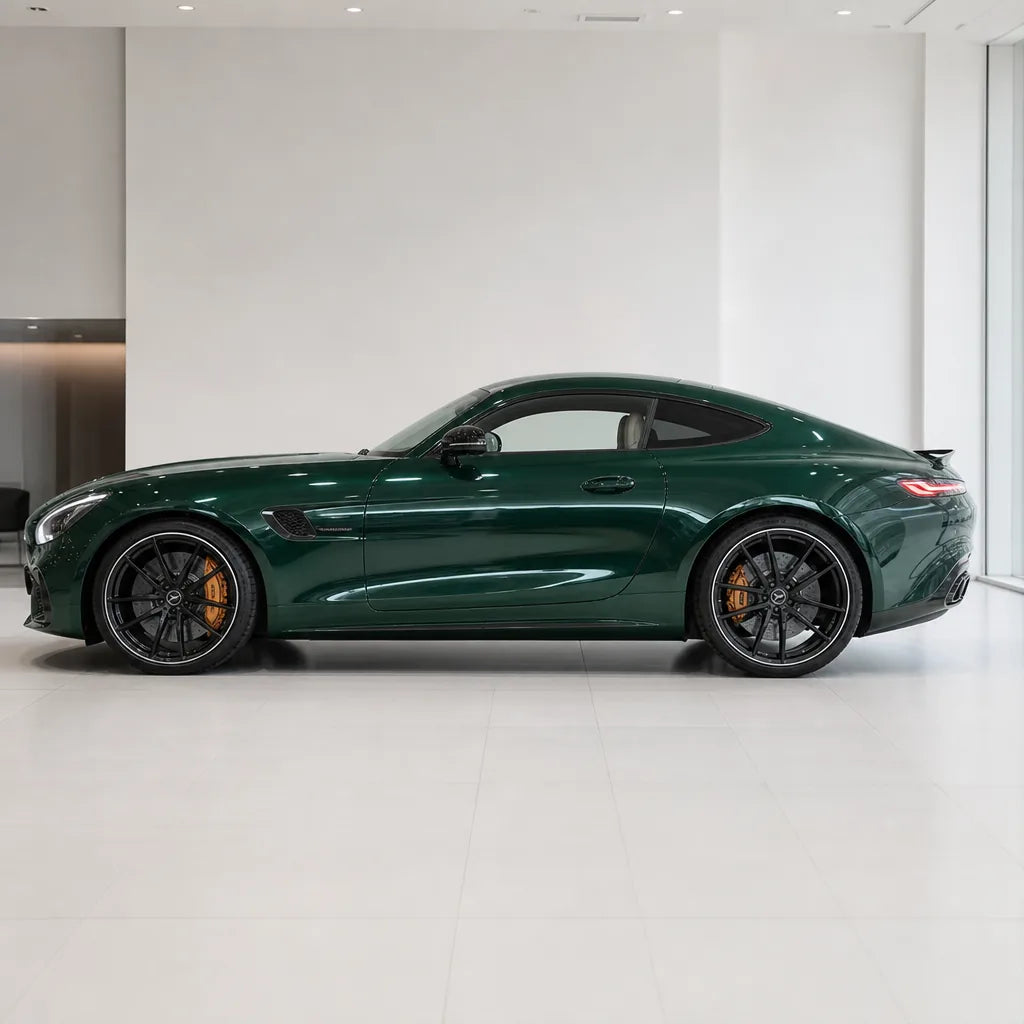 Olive Green gloss colored PPF wrapped on a Mercedes-AMG GT side profile | Veloro
